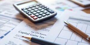 Calculator and tax forms on a wooden desk.