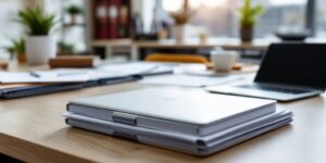 Organized office workspace with files and a laptop.