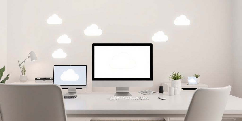 Modern office with cloud storage icons on screens.