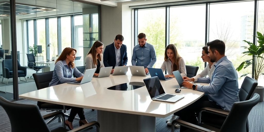 Professionals collaborating in a modern office setting.