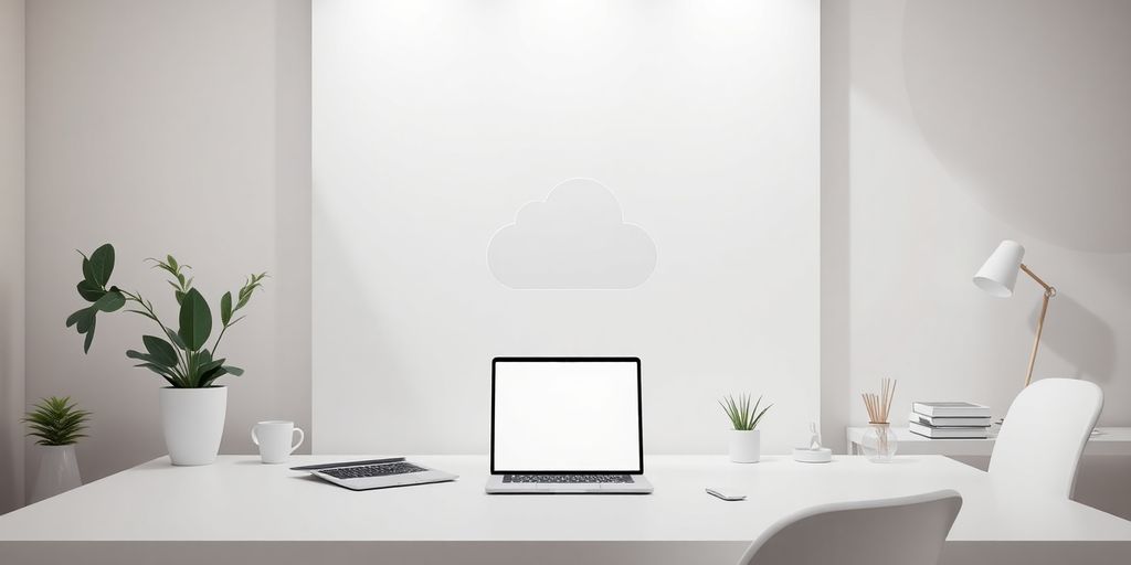 Modern office with cloud storage devices and neutral tones.