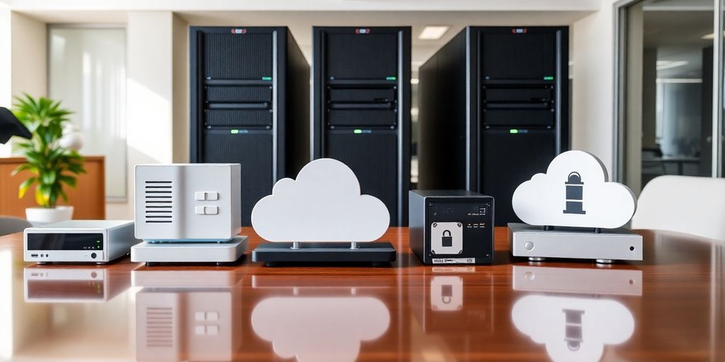 Modern office with data storage devices in neutral tones.