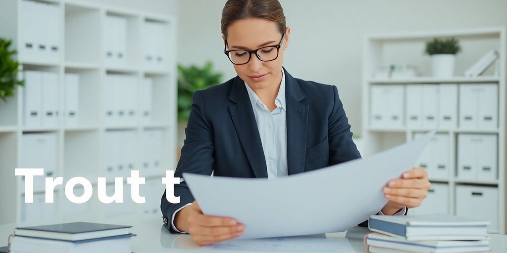 Accountant in an organized office reviewing financial documents.